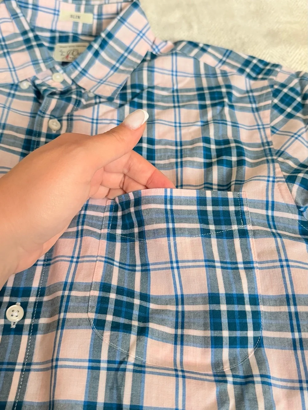 J.Crew Secret Wash Checkered pink/blue Buttoned Collar Size Small Slim NWOT